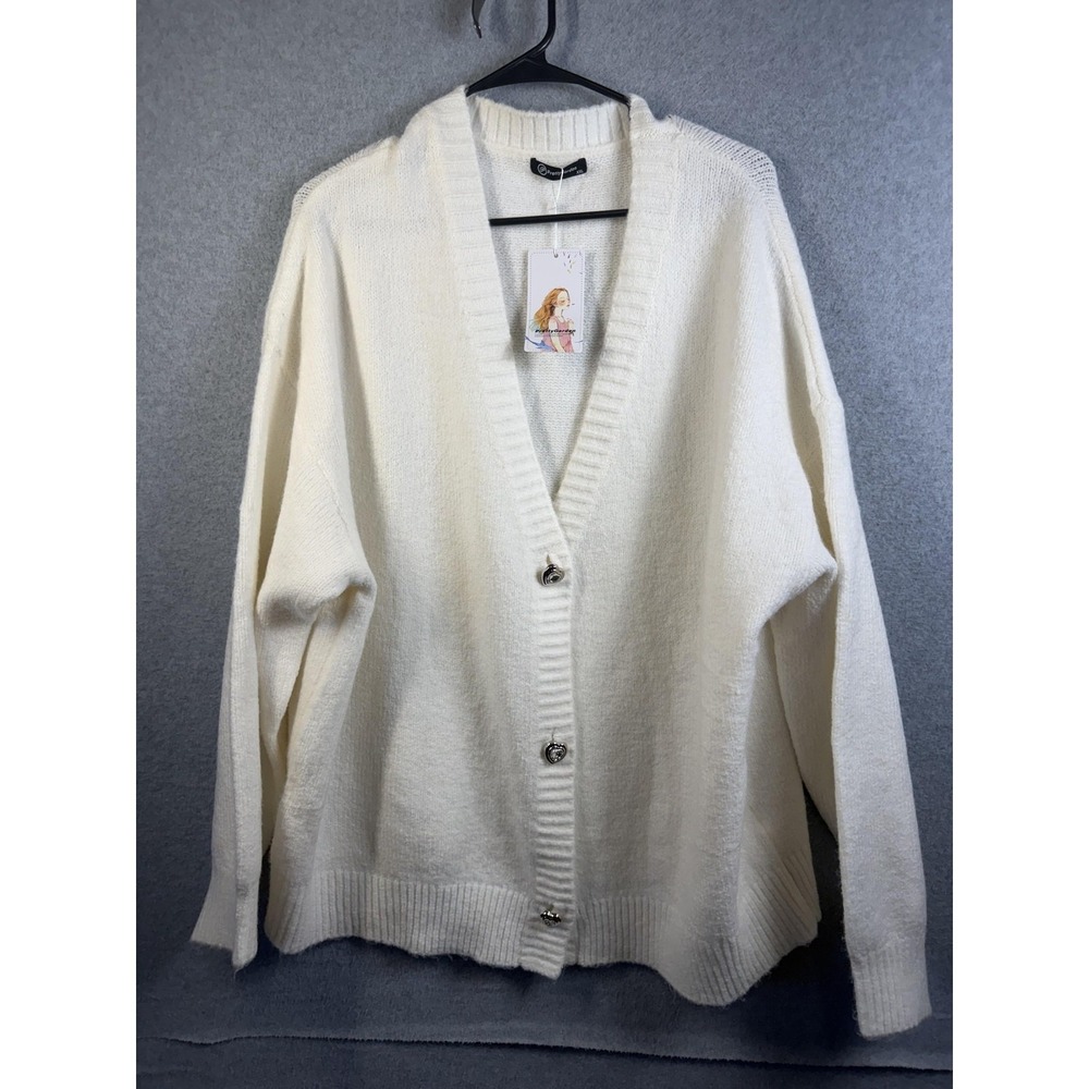 PrettyGarden Cardigan Womens XXL White Button Front V Neck Knit Soft Sweater